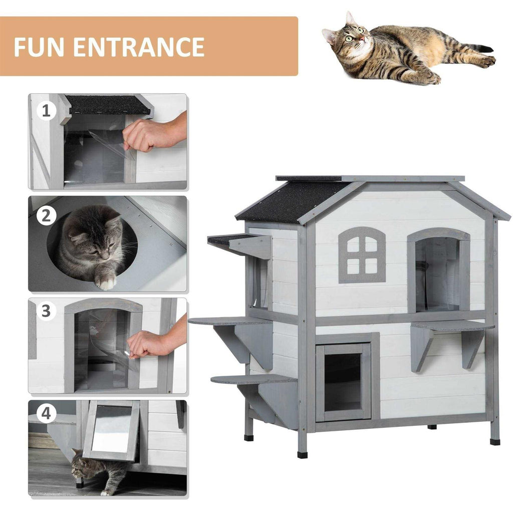 Wooden 2-Story Outdoor Cat House with Escape Door C520