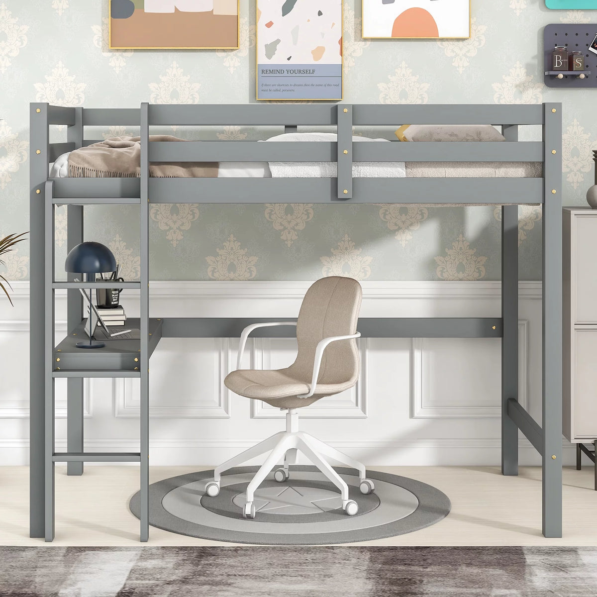 Twin Size Solid Wood Loft Bed with Desk and Ladder L78107
