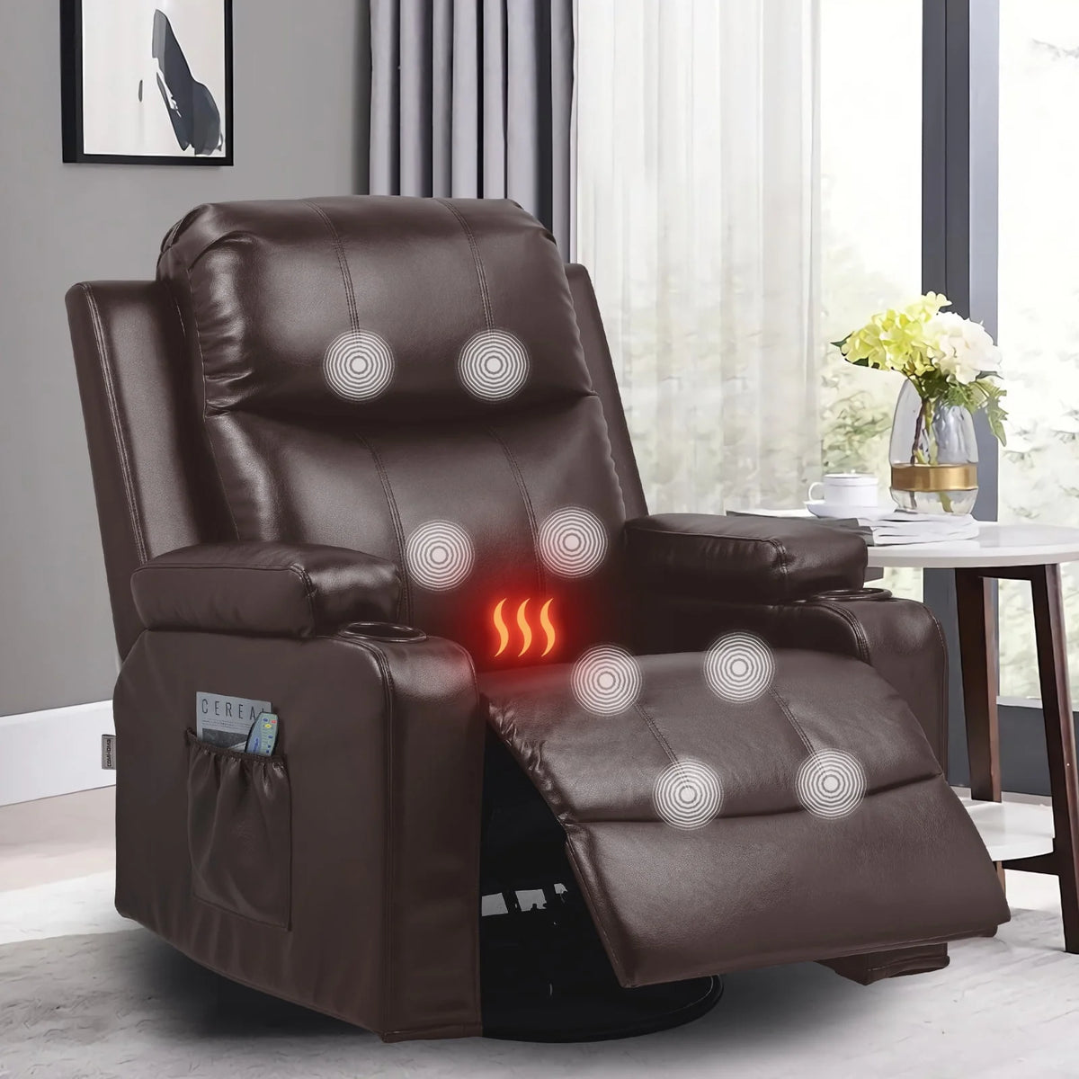 Black PU Leather Swivel Rocker Recliner Chair with Heat and Massage F281076