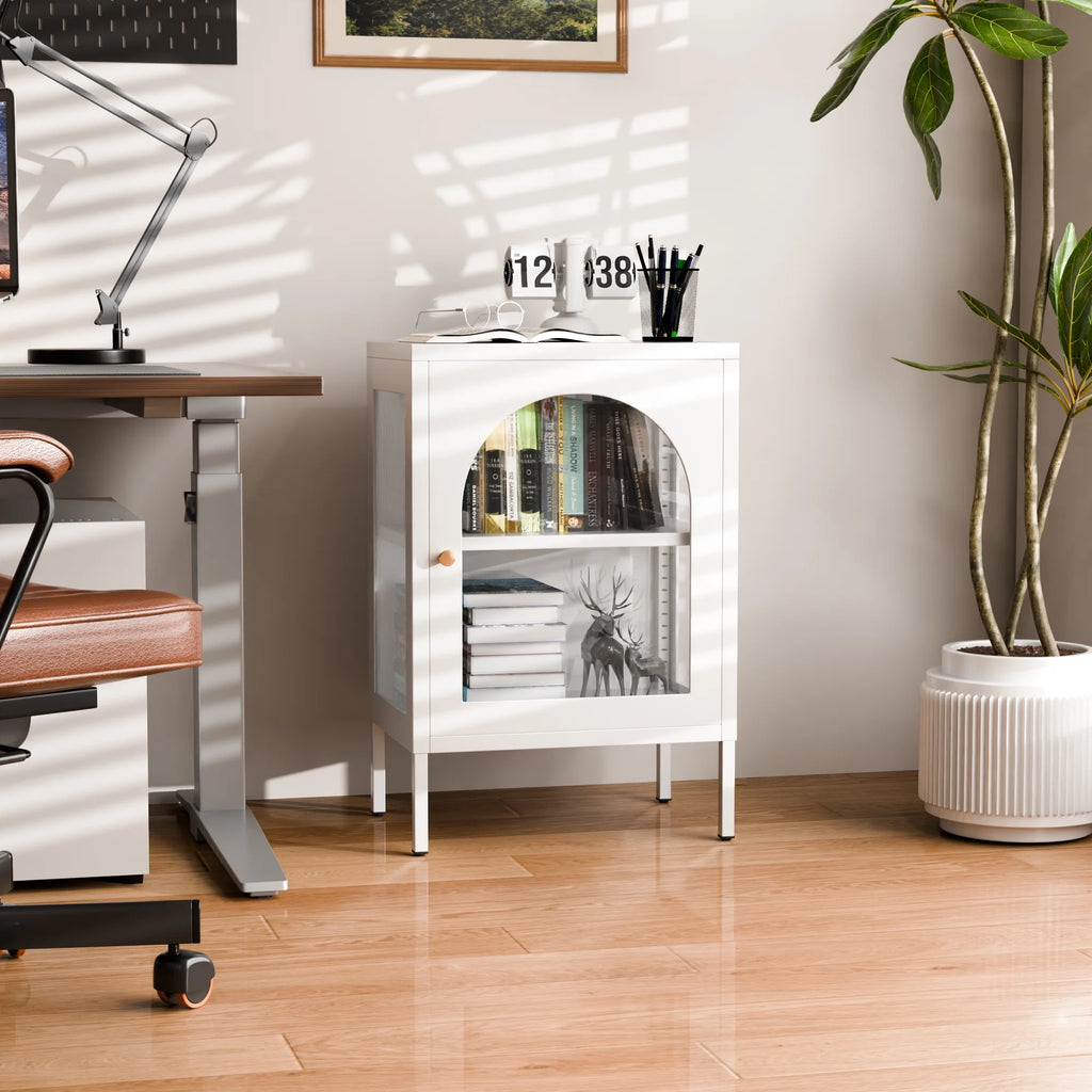 White Metal Buffet Storage Cabinet with Glass Doors K936508