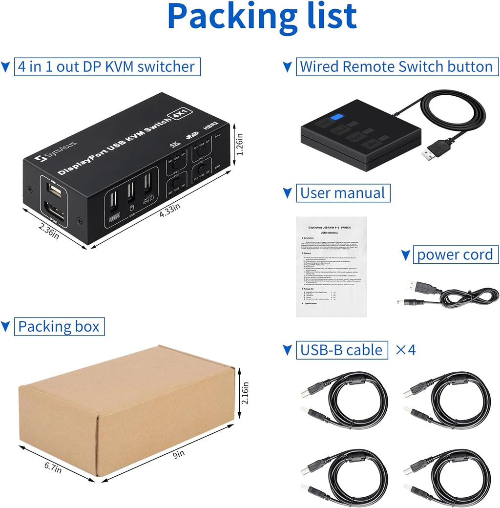 DisplayPort KVM Switch 4 Port 4K@60Hz 4 in 1 Out USB L943048