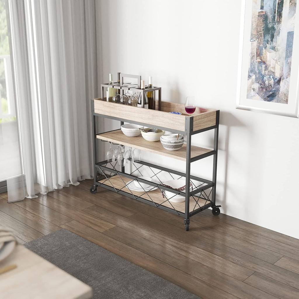 Distressed Wood Kitchen Bar Cart with Storage Rack and Shelf C4015