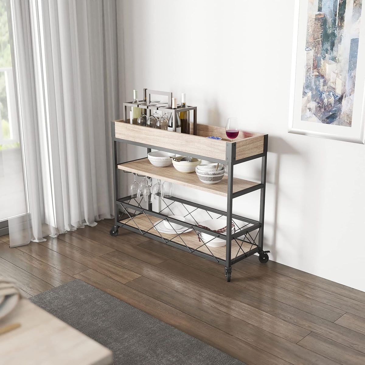 Distressed Wood Kitchen Bar Cart with Storage Rack and Shelf C4015