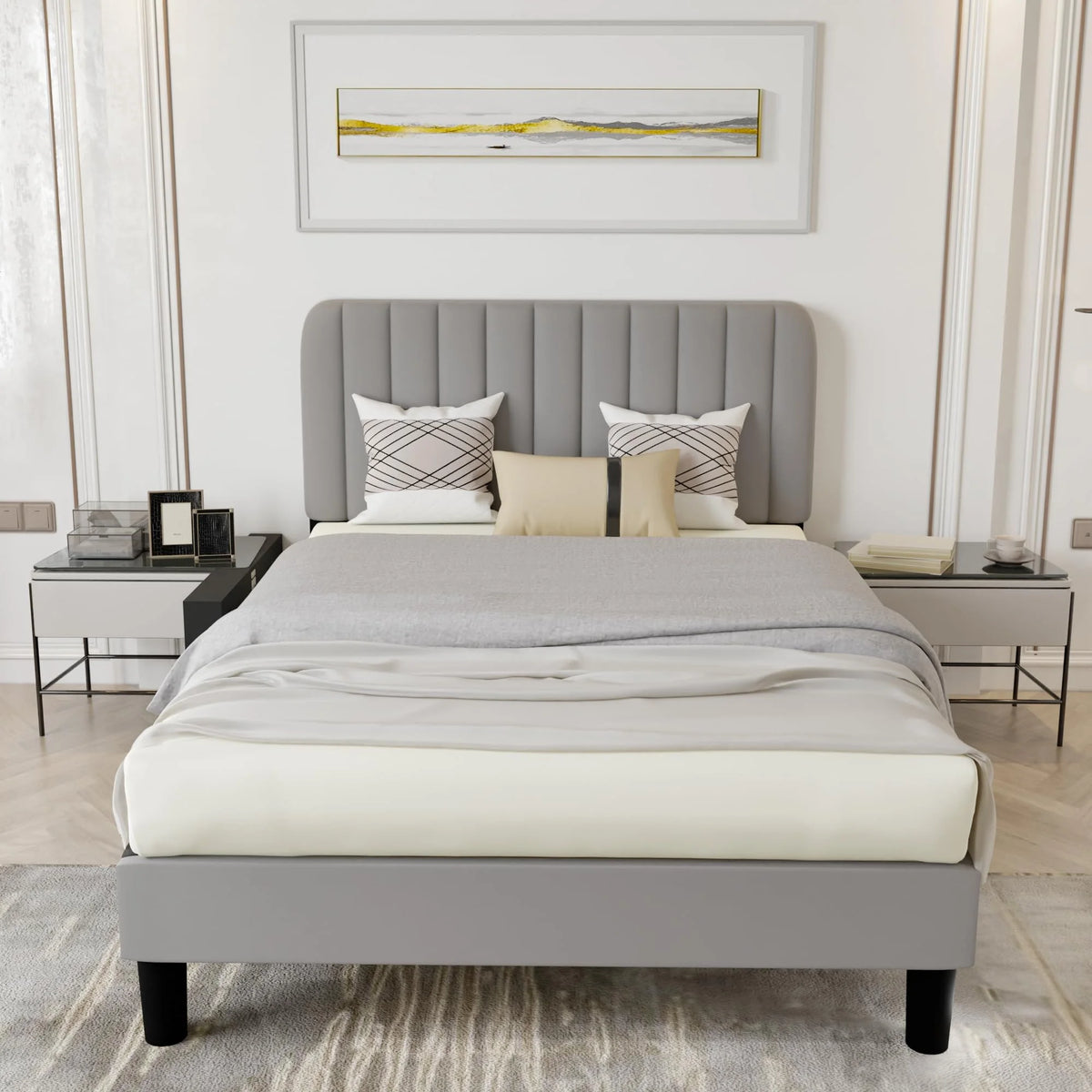 Queen Size Platform Bed Frame with Headboard Grey O900404
