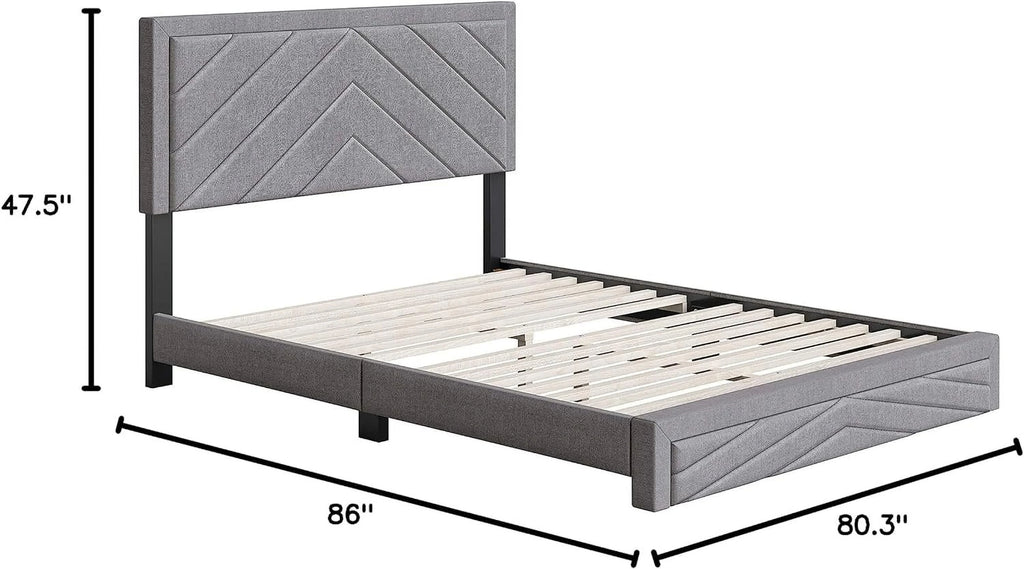 Gray Upholstered Platform Bed With Headboard And Wood Slat Supports King C174