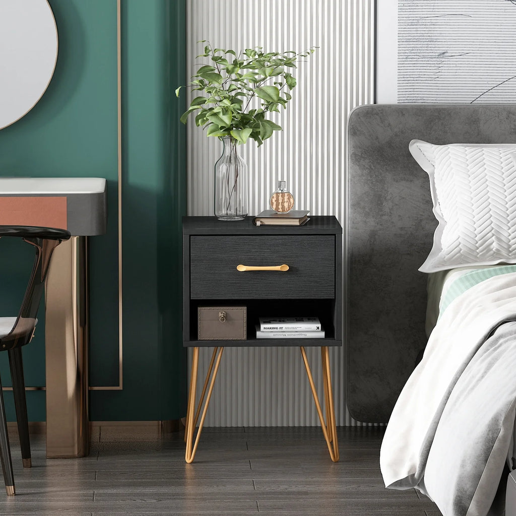 Black 1 Drawer Wood Nightstand with Metal Legs N272950