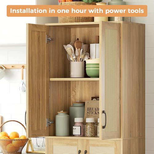 67" Tall Oak Rattan Storage Cabinet with Doors and Adjustable Shelves A70354
