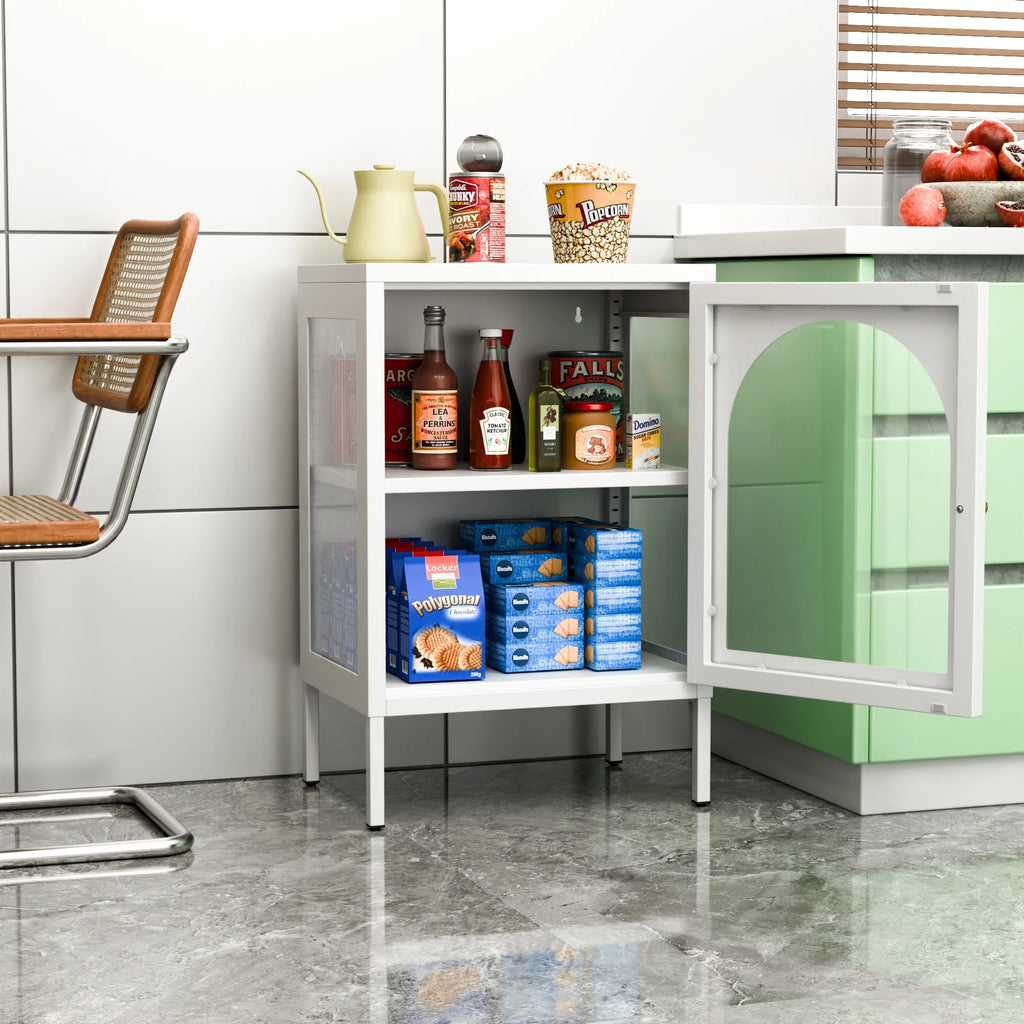 White Metal Buffet Storage Cabinet with Glass Doors K936508