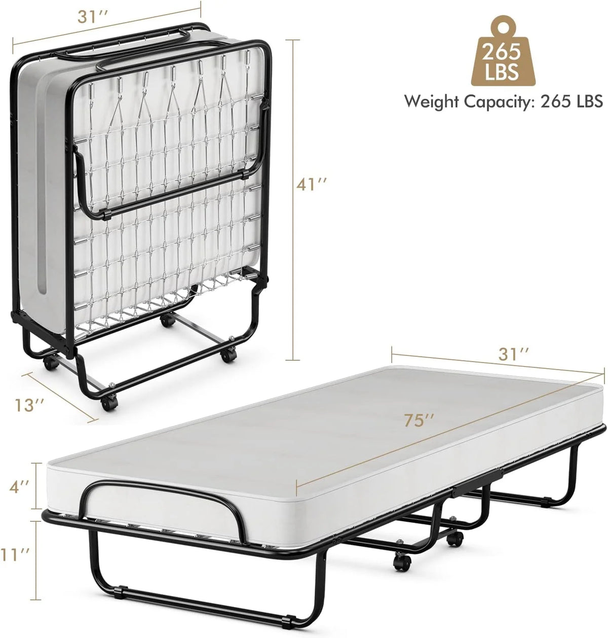 Folding Bed with Memory Foam Mattress and Wheels O938053