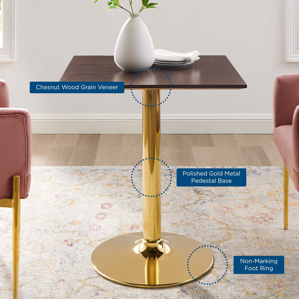 28 inch Square Gold Walnut Wood Metal Dining Table S65184