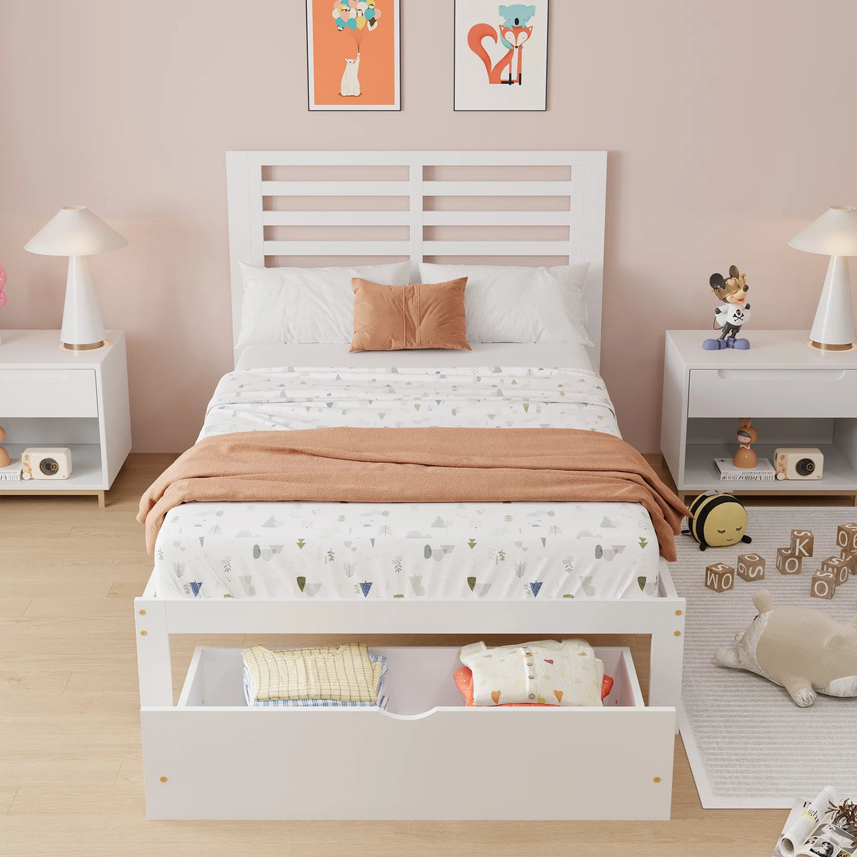Gray Pine Wood Full Size Platform Bed Frame with Headboard and Drawers G955129