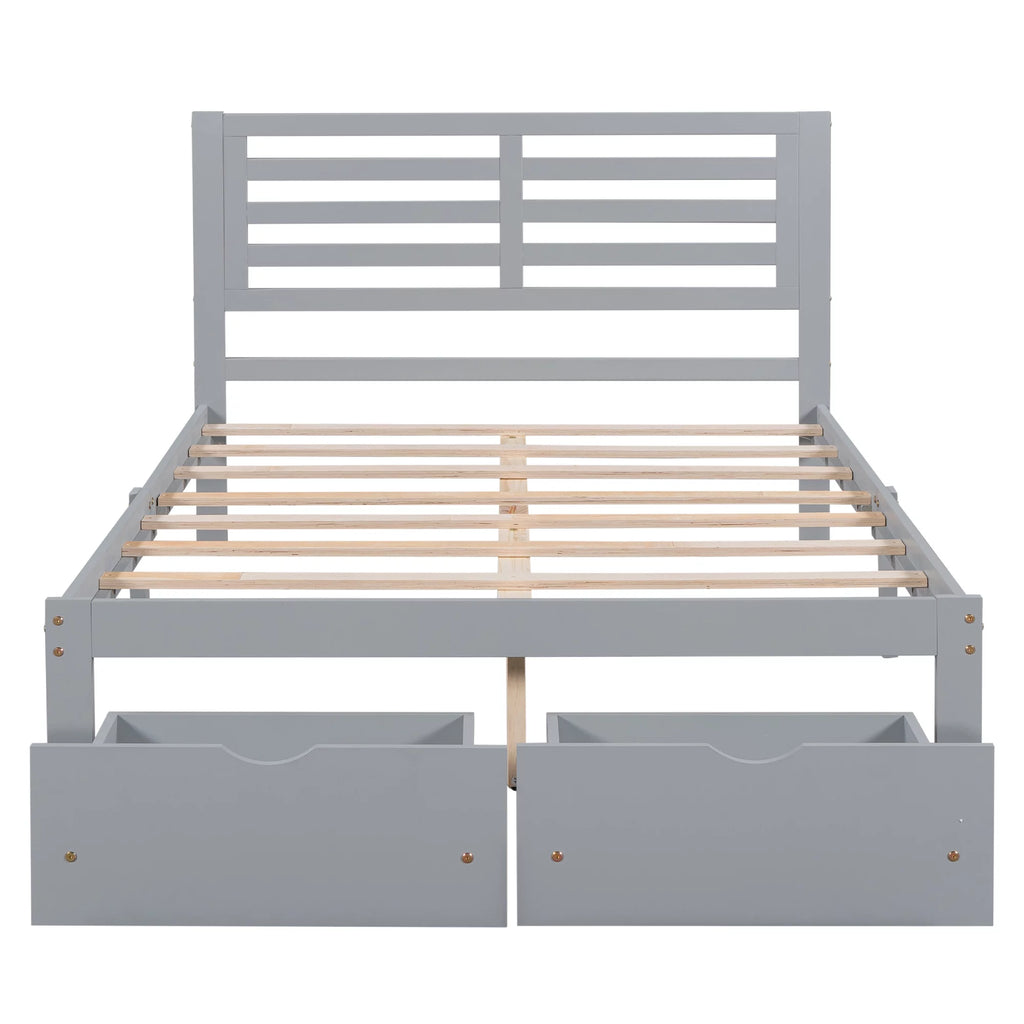 Gray Pine Wood Full Size Platform Bed Frame with Headboard and Drawers G955129