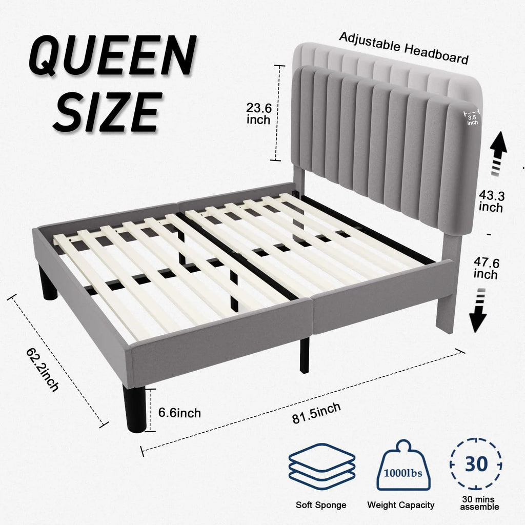 Queen Size Platform Bed Frame with Headboard Grey O900404