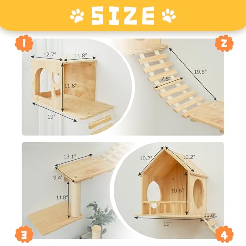 9pc Wooden Cat Wall Shelves with Condo Houses Perches Ladders and Scratching Posts H486
