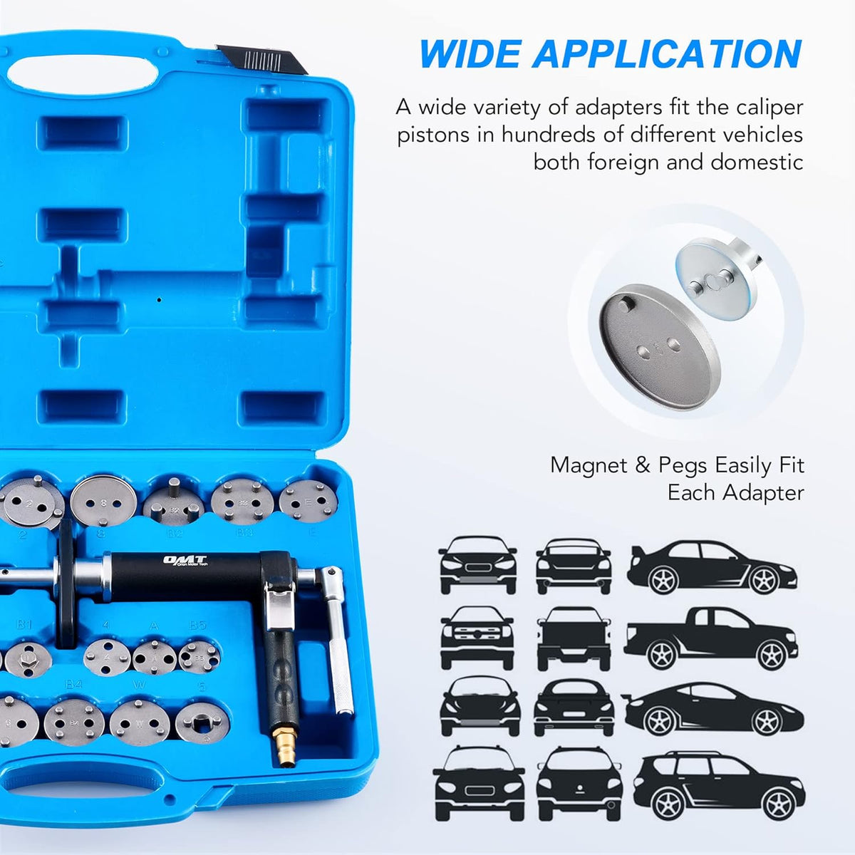 23pc Pneumatic Brake Caliper Compression Tool with 22 Disc Adapters and 2 Caliper Hangers I663015