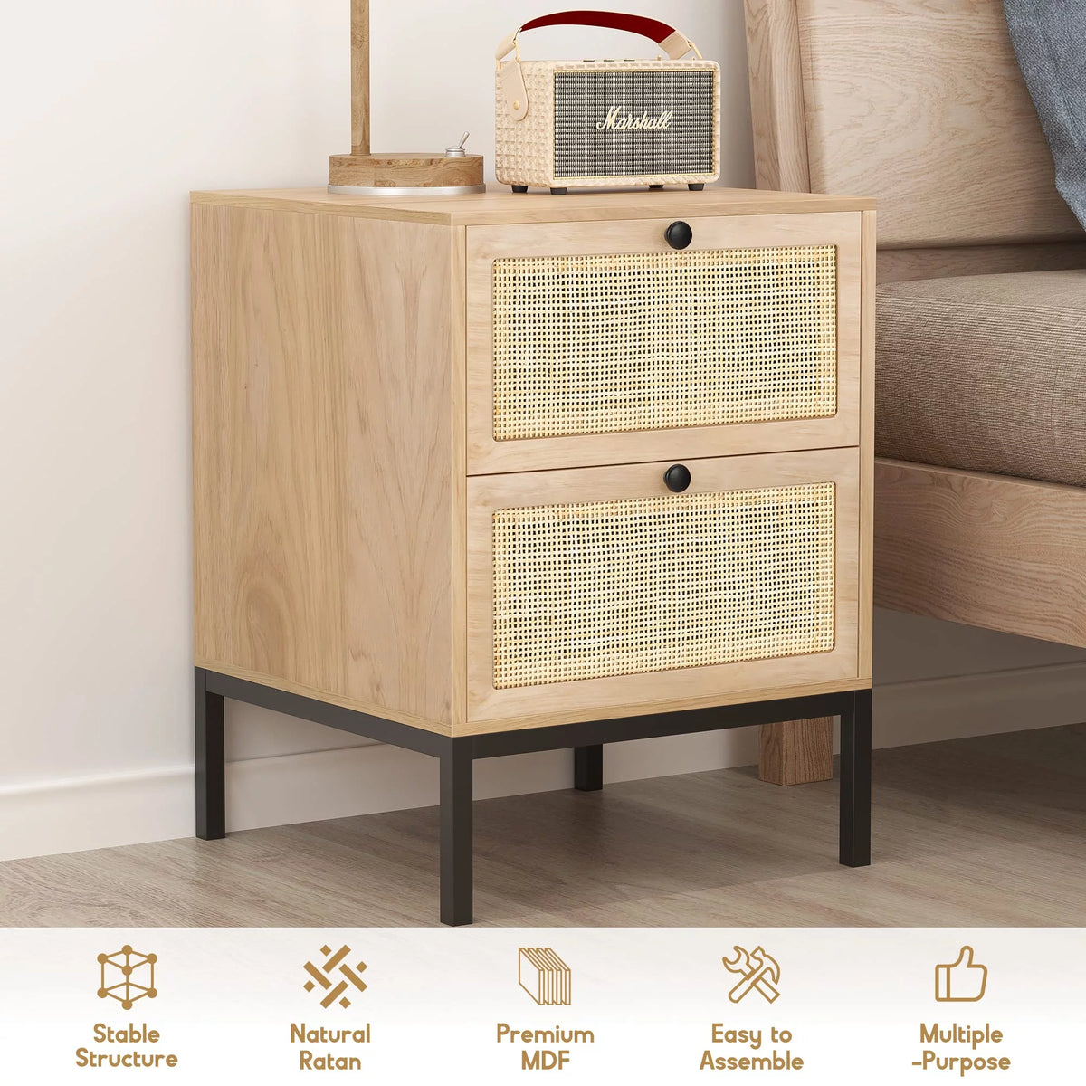 Set of 2 Rattan Storage Drawers and Shelf Nightstands A900341