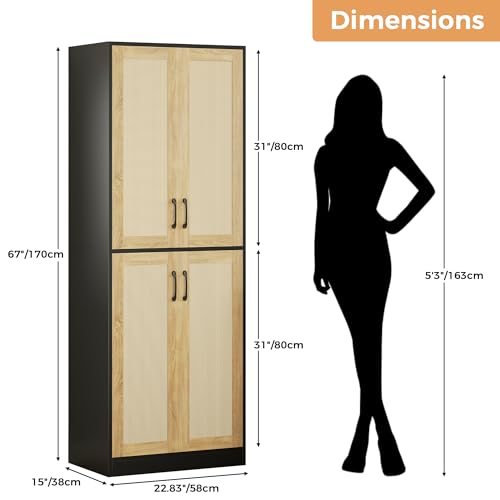 67" Tall Oak Rattan Storage Cabinet with Doors and Adjustable Shelves A70354