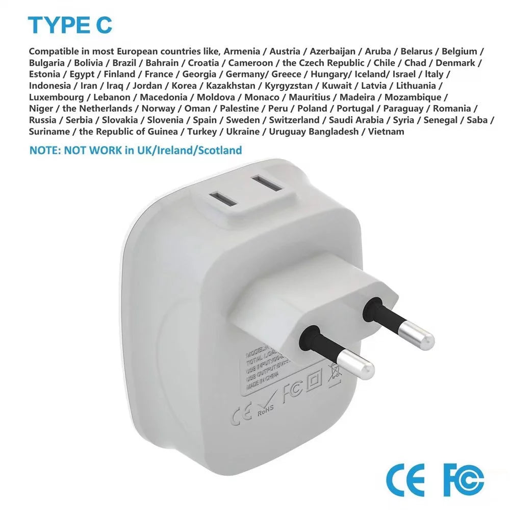 European Travel Plug Adapter with 1 USB C, 2 Outlets and 3 USB Ports, 2 Pack O33573