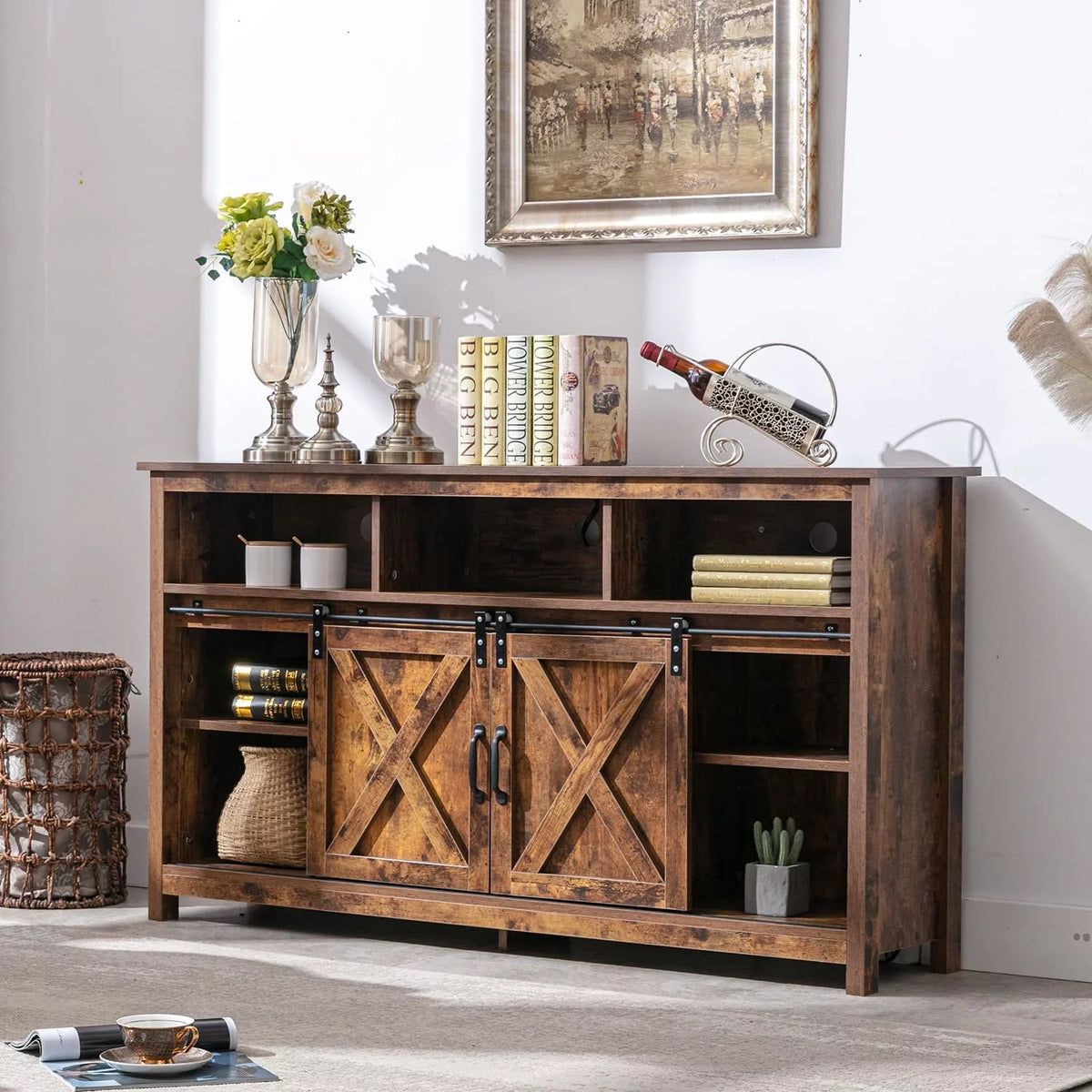 Farmhouse Barn Door TV Cabinet Media Console with Open Shelves White O9157