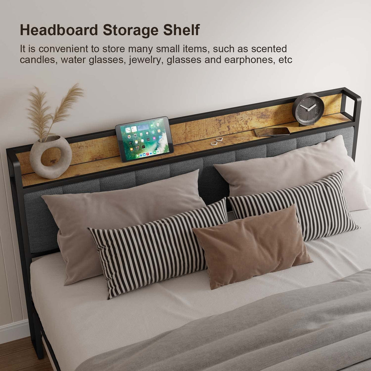 Queen Size Dark Grey Bed Frame with Storage Headboard T525740