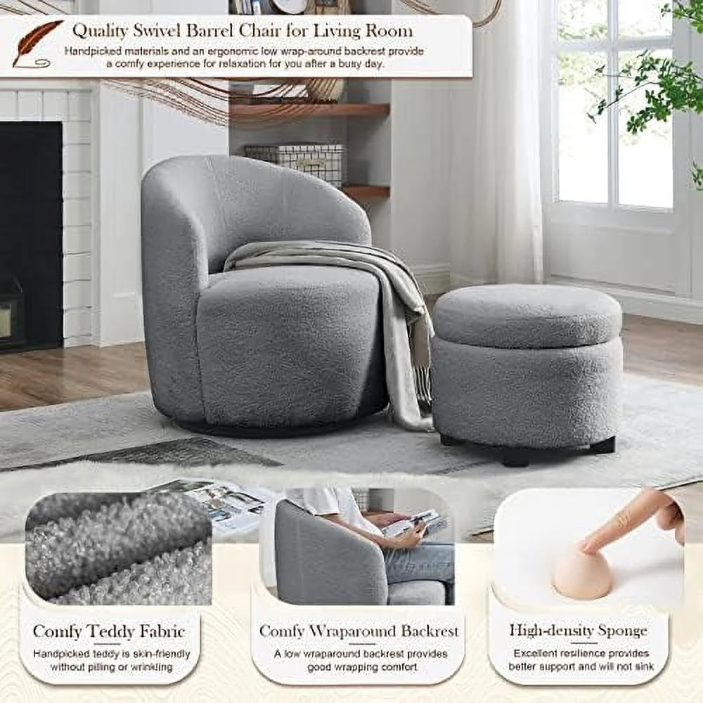 Swivel Barrel Chair with Ottoman Boucle Accent Chair B61224