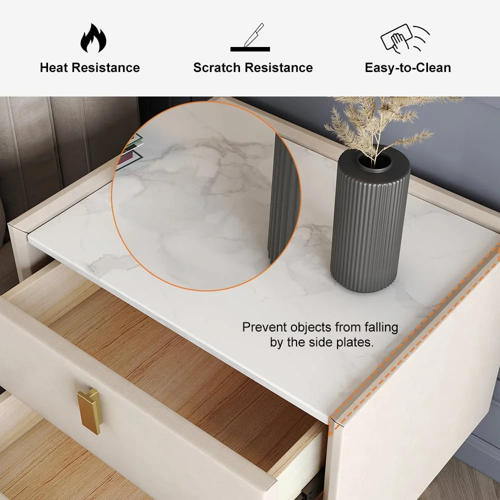Modern 2 Drawers PU Leather Nightstand with Gold Metal Legs Q499300