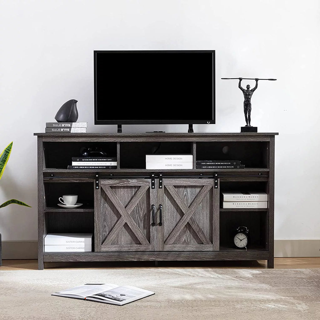 Farmhouse Barn Door TV Cabinet Media Console with Open Shelves White O9157