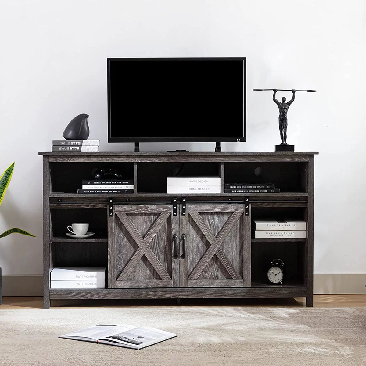 Farmhouse Barn Door TV Cabinet Media Console with Open Shelves White O9157