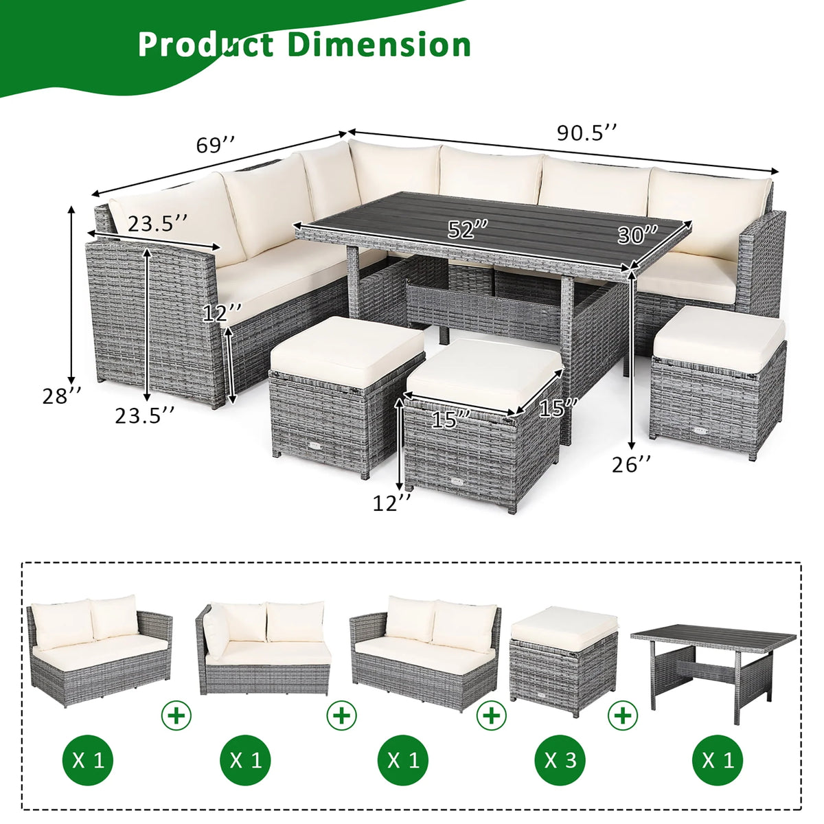 7 Pcs Patio Rattan Dining Set Sectional Sofa Couch Ottoman Black R835553
