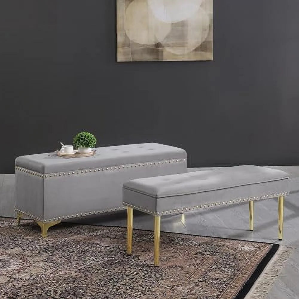 Dark Blue Tufted Linen Ottoman Bench Set M676