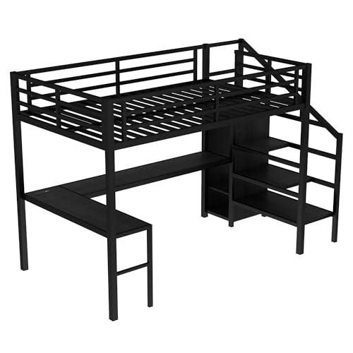 Black Full Loft Bed with L-shaped Desk, USB, Wardrobe & Stairs Z8500