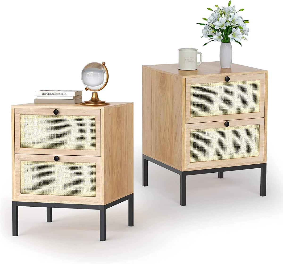 Set of 2 Rattan Storage Drawers and Shelf Nightstands A900341