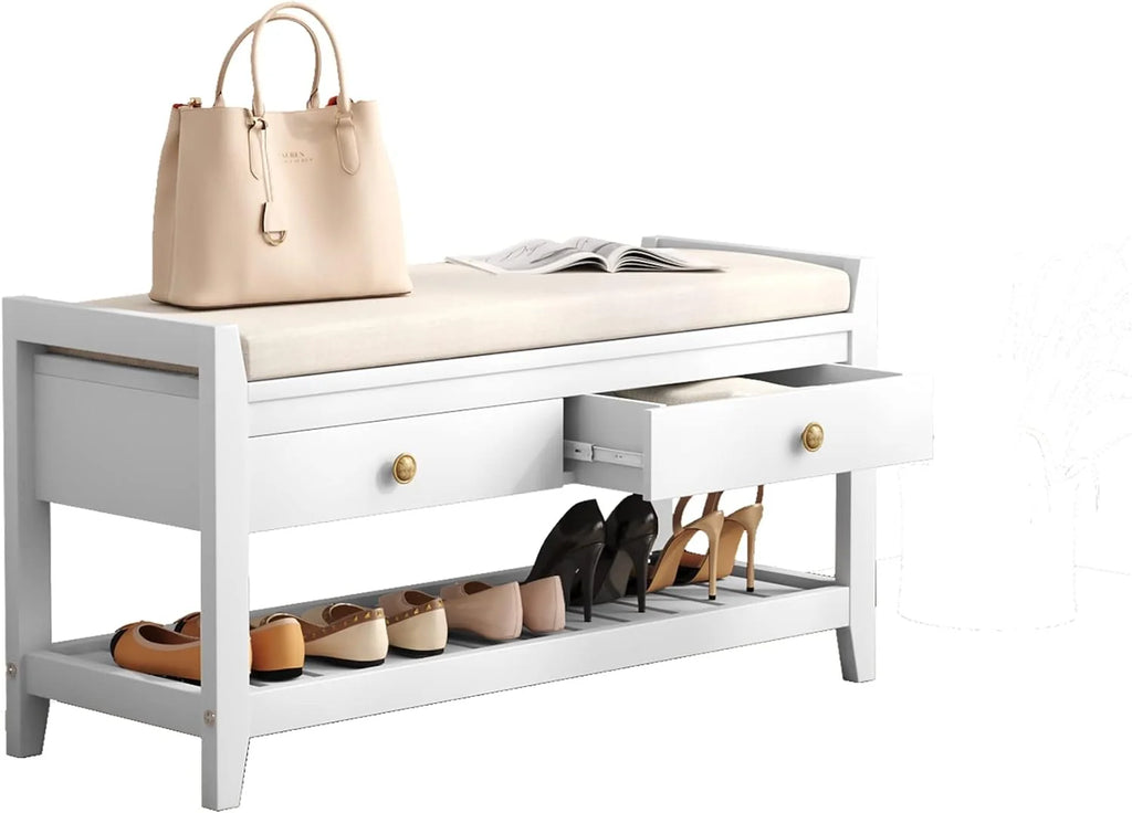 Blue Shoe Storage Bench with Cushioned Seat and 2 Drawers M709