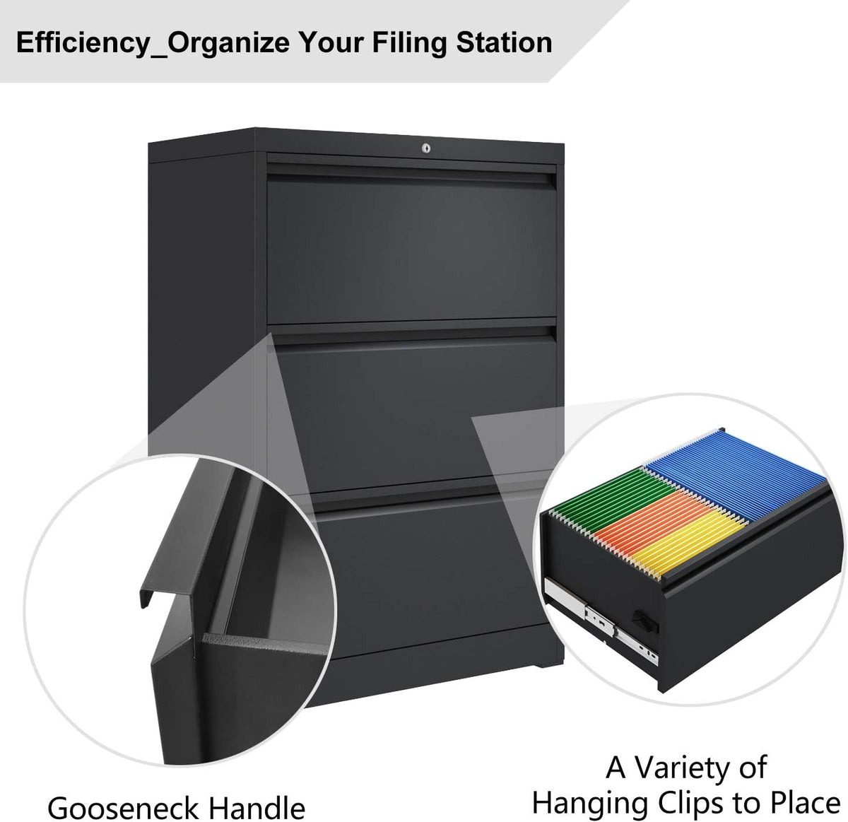 3 Drawer Black Metal Lateral File Cabinet with Lock J1775