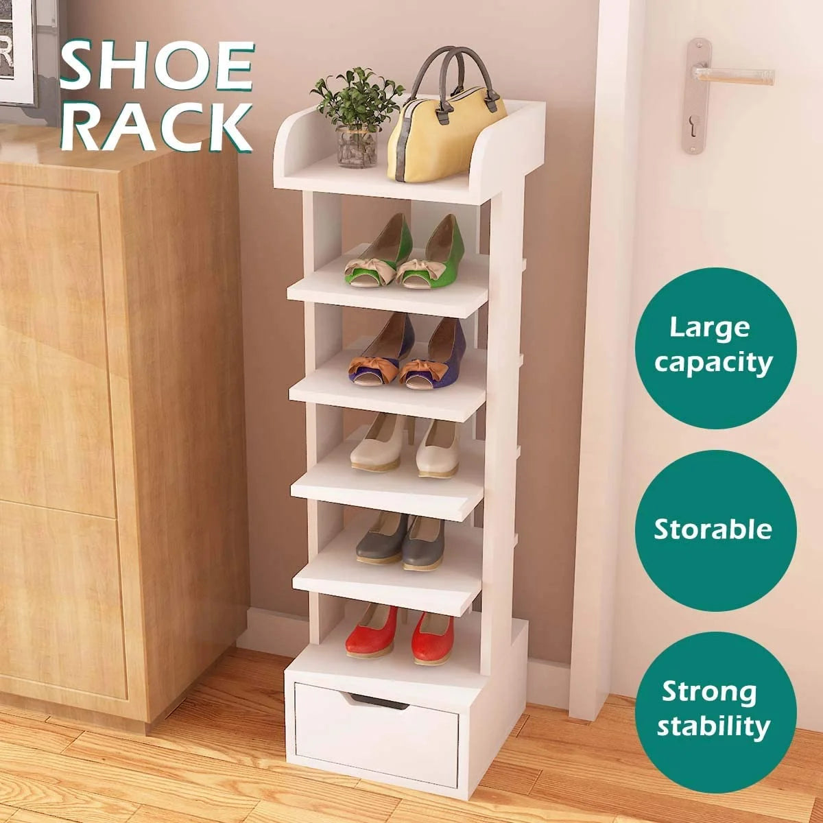 6-Tier White Wooden Shoe Rack with Storage Drawer H400