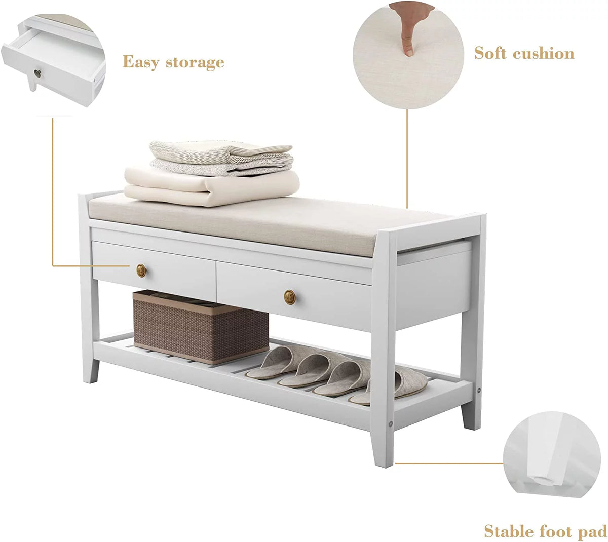 Blue Shoe Storage Bench with Cushioned Seat and 2 Drawers M709