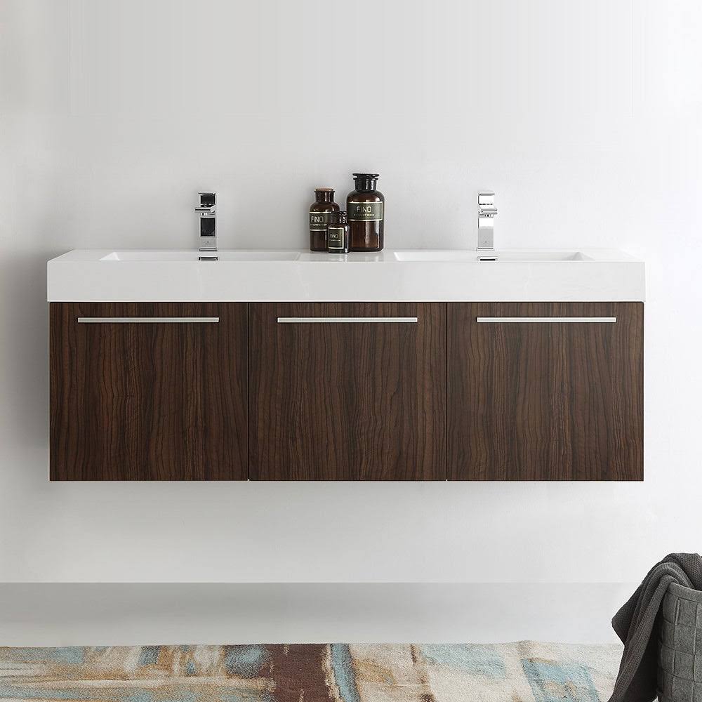 60 inch Walnut Wall Hung Double Sink Bathroom Cabinet V3508