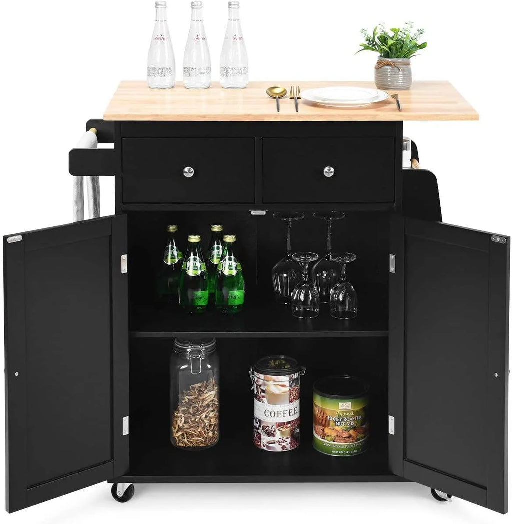 Black Wooden Kitchen Utility Cart with 2 Drawers I9661