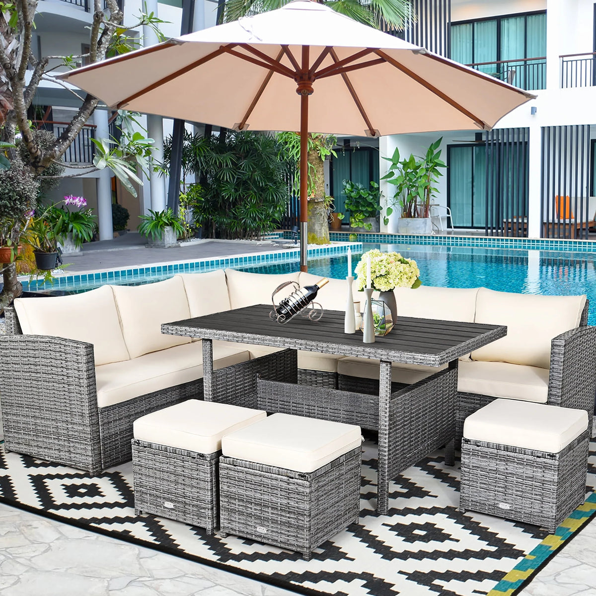 7 Pcs Patio Rattan Dining Set Sectional Sofa Couch Ottoman Black R835553