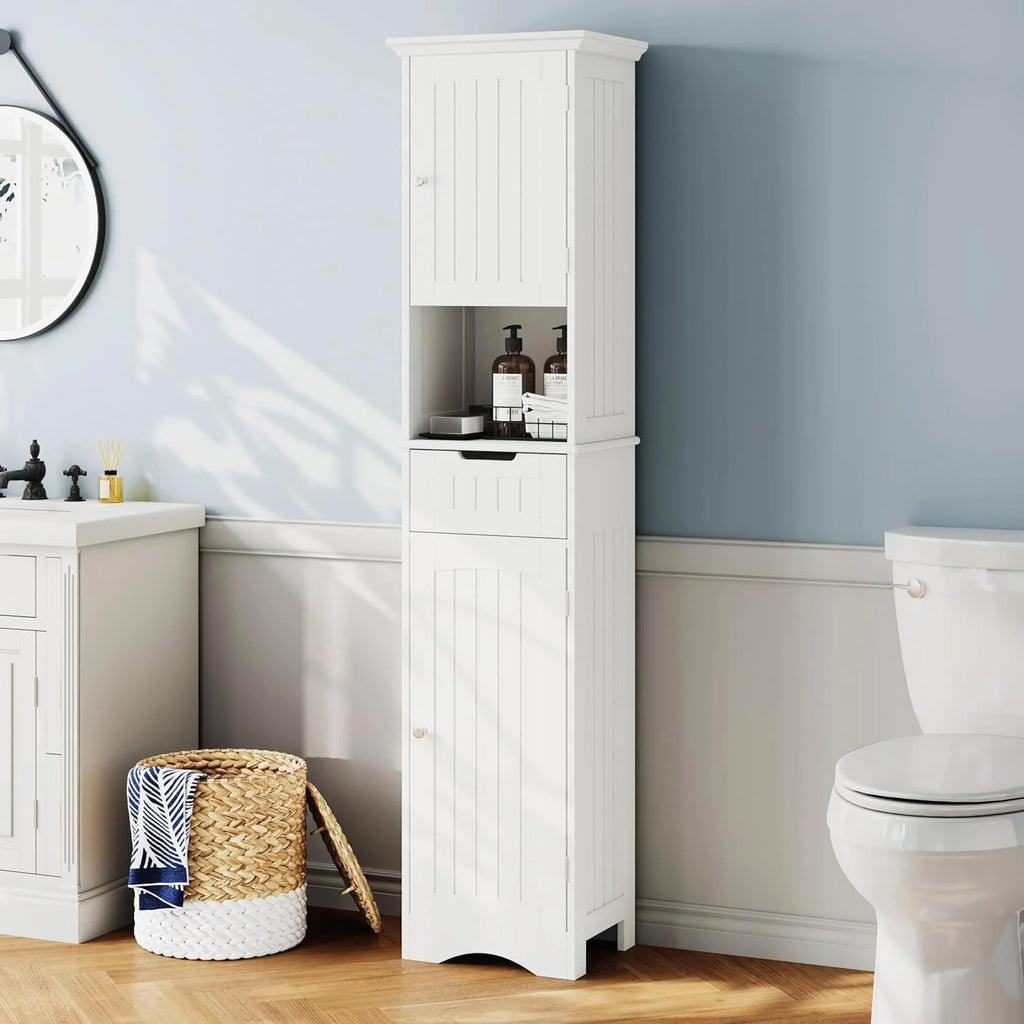 67" Tall White Bathroom Storage Cabinet with Adjustable Shelves V777