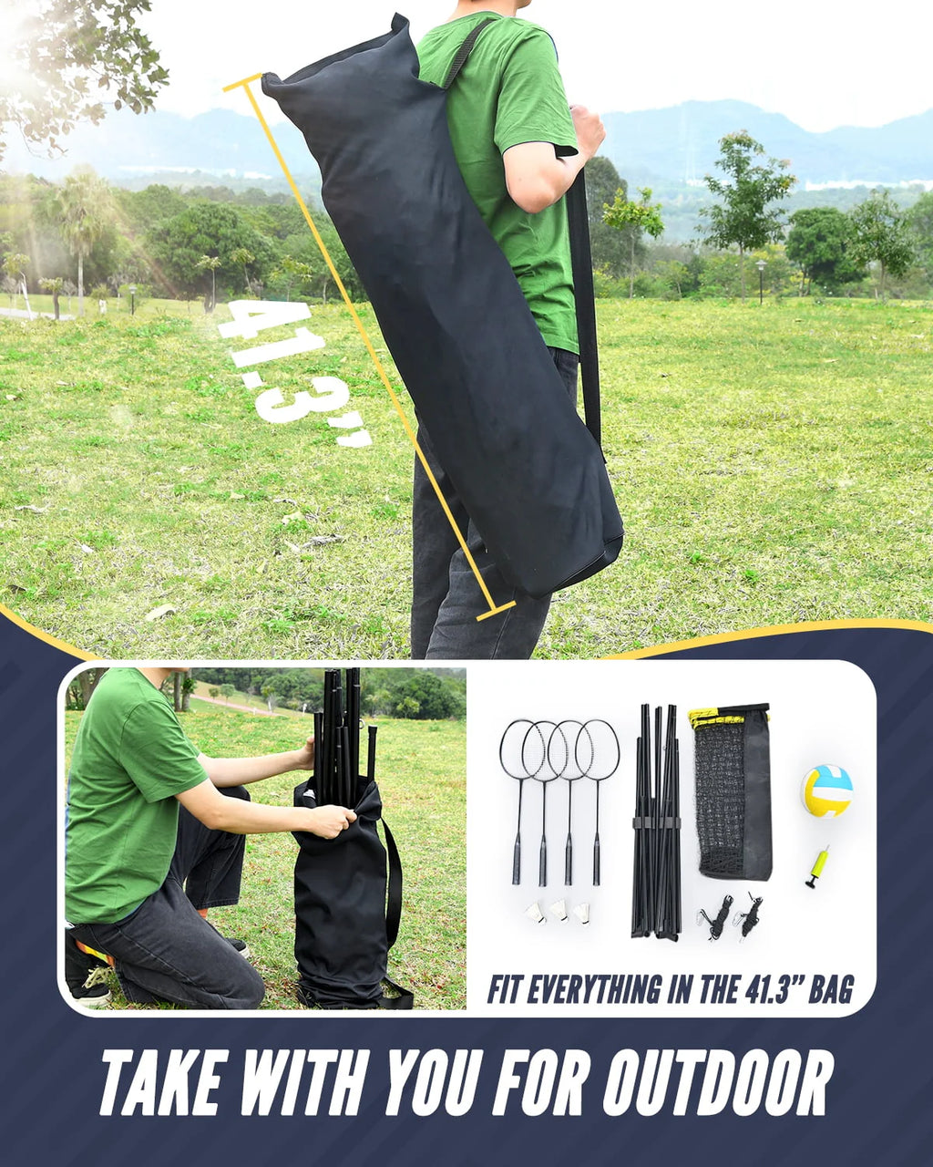Adjustable Height Volleyball Badminton Net Set with Poles, Rackets, Shuttlecocks and Volleyball Z499