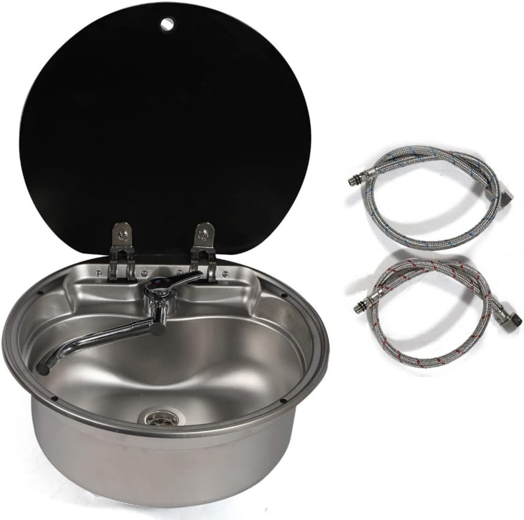 Small RV Stainless Steel Sink and Faucet with Tempered Glass Lid S914
