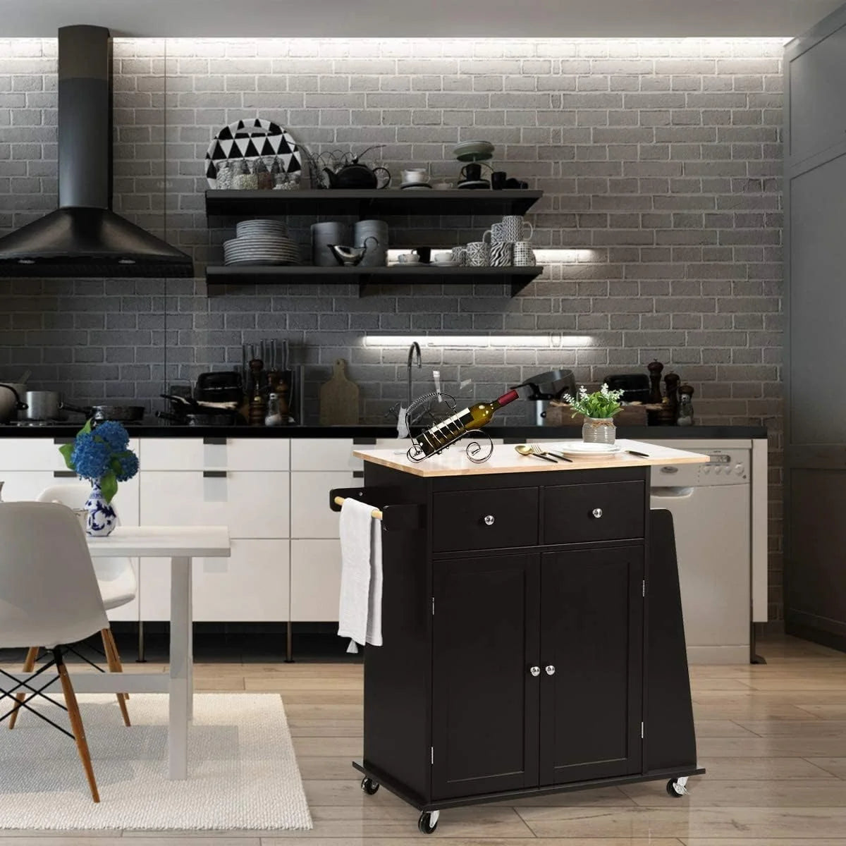 Black Wooden Kitchen Utility Cart with 2 Drawers I9661