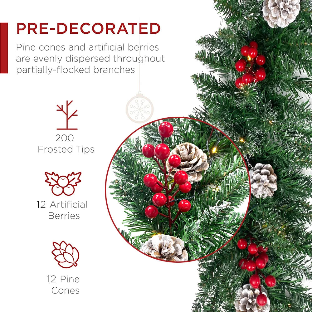 9ft Pre-Lit Christmas Garland with 50 LED Light and Pine Cones and Berries R740727