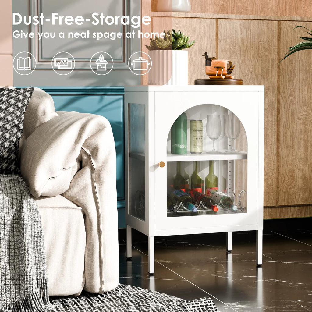 White Metal Buffet Storage Cabinet with Glass Doors K936508