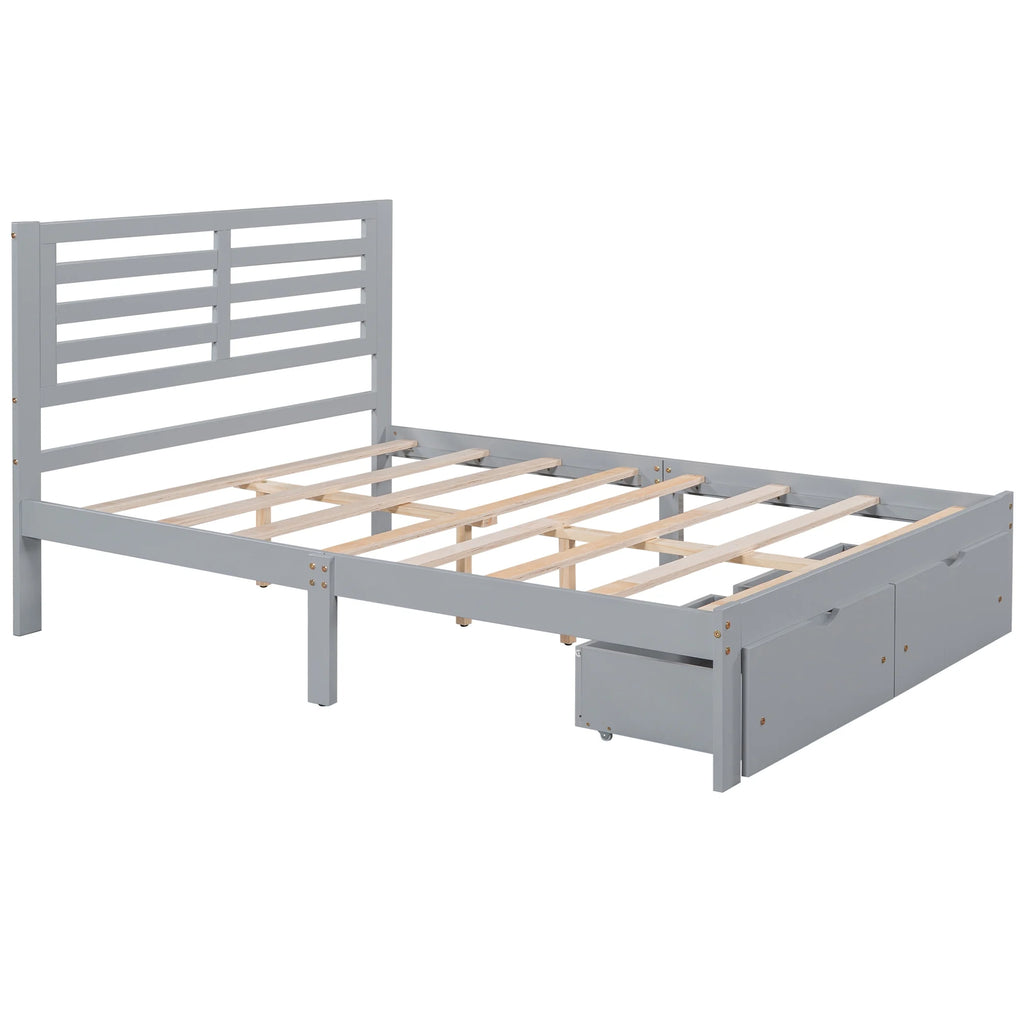 Gray Pine Wood Full Size Platform Bed Frame with Headboard and Drawers G955129