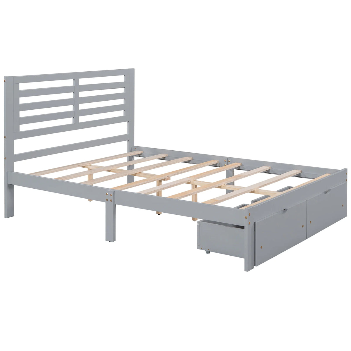 Gray Pine Wood Full Size Platform Bed Frame with Headboard and Drawers G955129