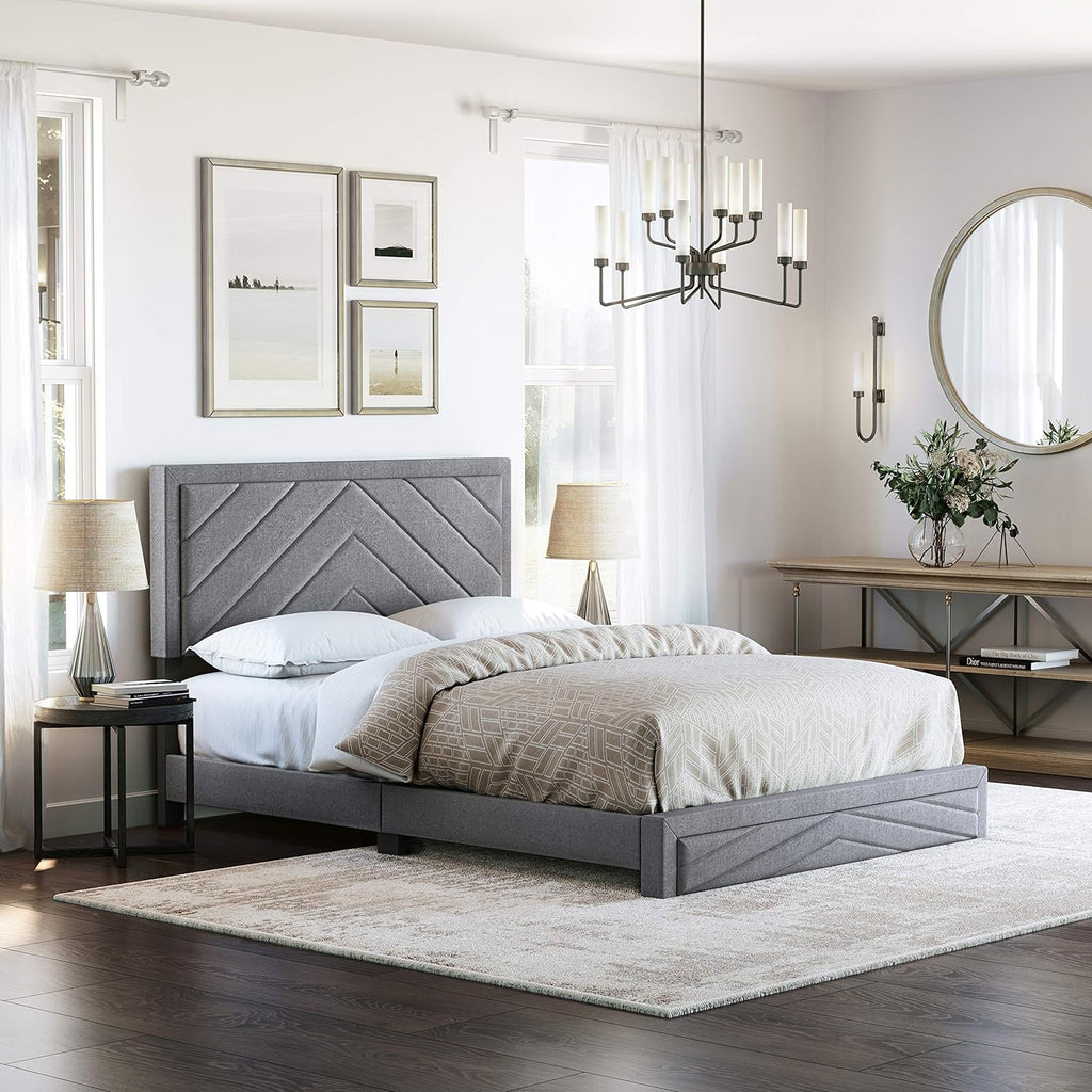 Gray Upholstered Platform Bed With Headboard And Wood Slat Supports King C174