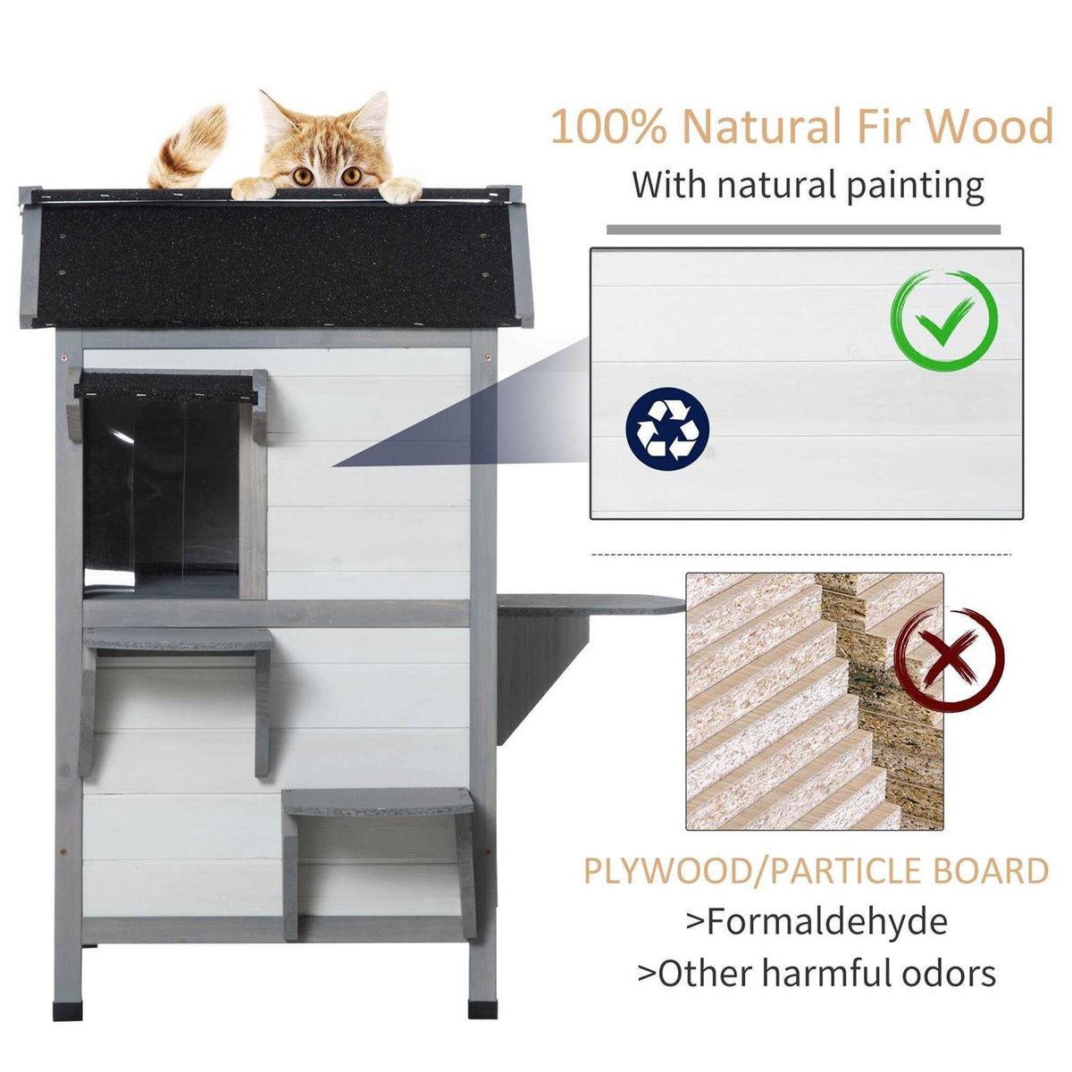 Wooden 2-Story Outdoor Cat House with Escape Door C520
