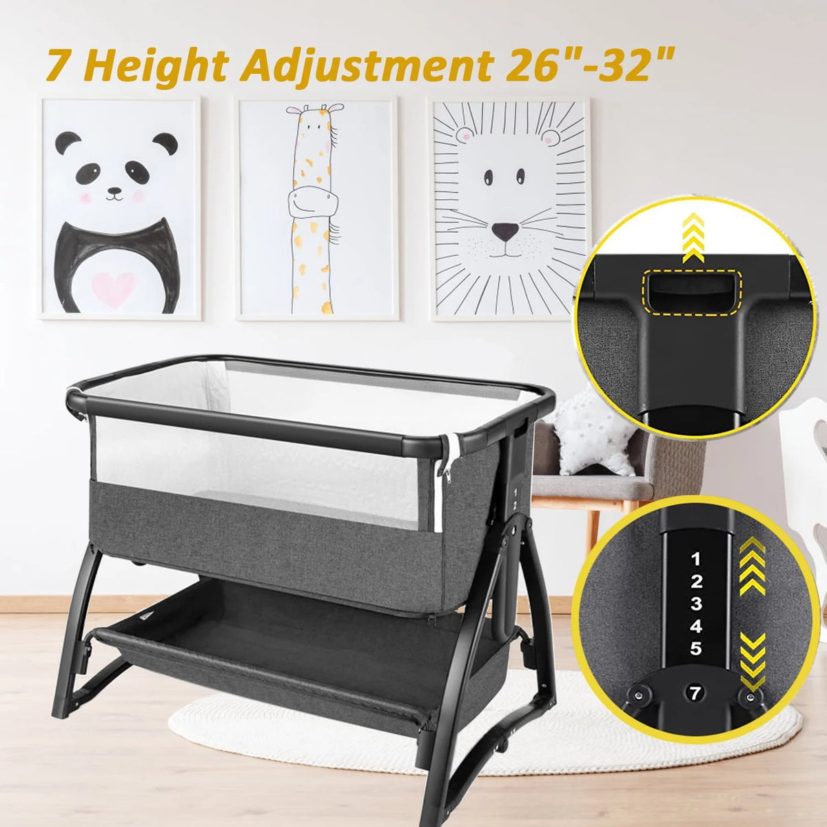 Baby Bassinet Bedside Sleeper Adjustable 7-Level Portable Bed Light Gray G4169